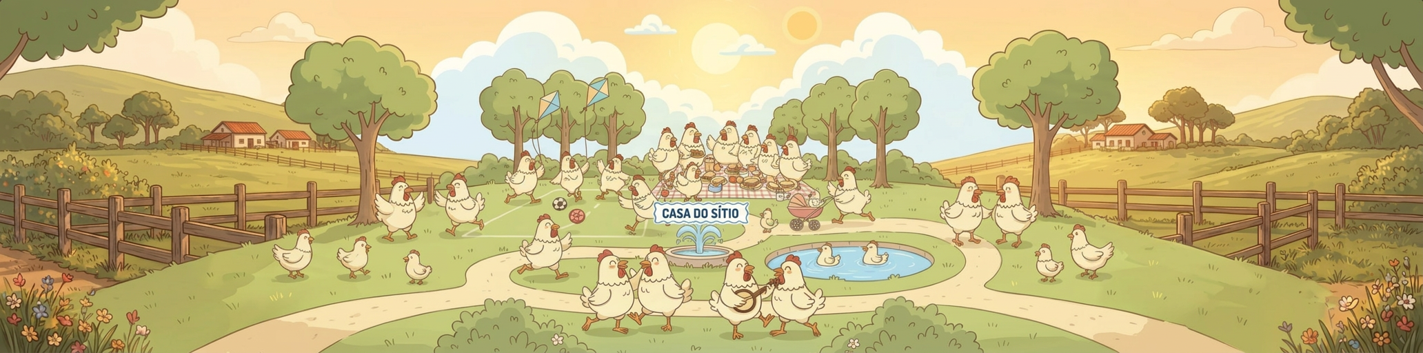 Ilustração panorâmica: galinhas brancas em atividades de lazer num parque rural com galpões nas colinas ao fundo e a placa Casa do Sítio